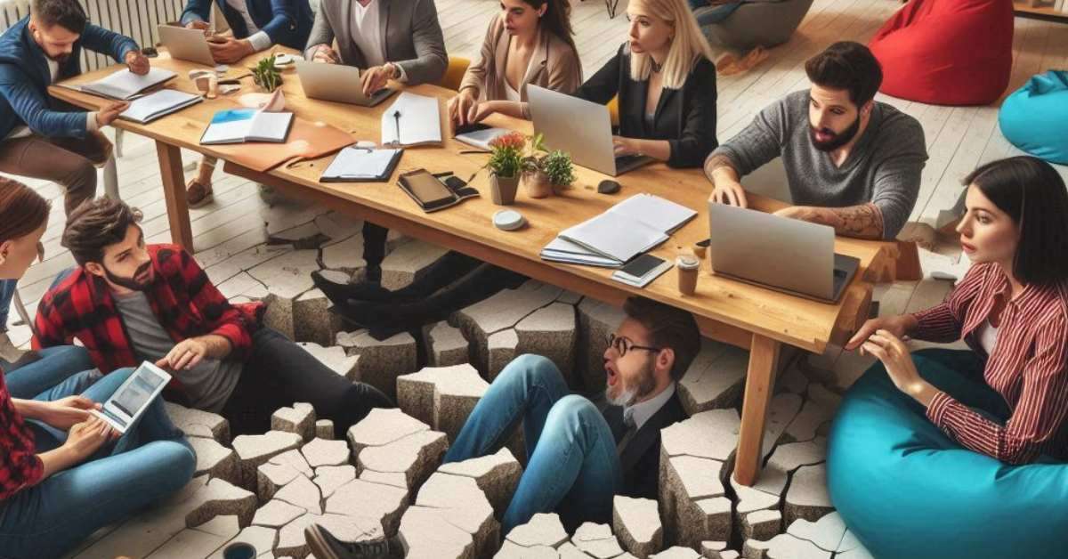 pavimento che crolla sotto i piedi delle persone che lavorano in ufficio